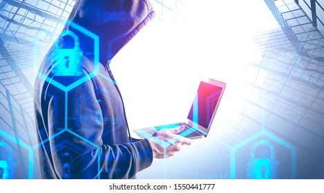 Side View Hacker Hoodie Using Laptop Stock Photo 1550441777 | Shutterstock