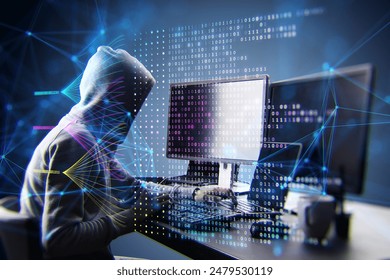 Side view of hacker in hoodie using computers with creative big data lines on dark background. Technology, malware and innovation concept. Double exposure - Powered by Shutterstock