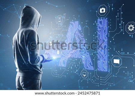 Side view of hacker in hoodie using laptop with glowing blue AI hologram on blurry background. Artificial intelligence, technology and innovation concept