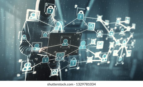 Side view of hacker using laptop with social network interface on blurry office binary code background. Communication and phishing concept. Double exposure 