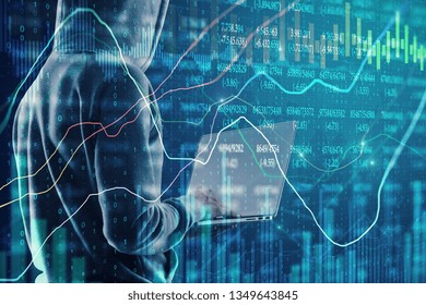 Side view of hacker using laptop with forex chart. Hacking and market concept. Double exposure 