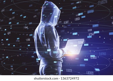Side view of hacker using laptop with glowing forex interface. Technology, trade and data concept. Double exposure 