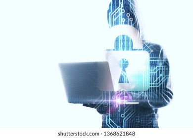 Side view of hacker using laptop with glowing circuit padlock on white background. Safety and virus attack concept. Double exposure 