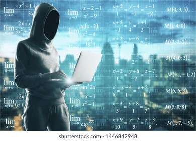 Side view of hacker using laptop on abstract mathematical formulas and city background. Programming, hacking, knowledge and complex algorithm concept. Multiexposure 