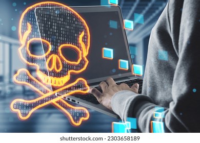 Side view of hacker using laptop with glowing digital binary code skull on blurry office interior background. Hacking, piracy, malware and data theft concept. Double exposure - Powered by Shutterstock - Get 15% off with code: PIKWIZARD15