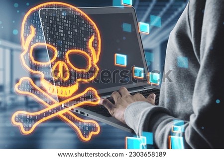 Side view of hacker using laptop with glowing digital binary code skull on blurry office interior background. Hacking, piracy, malware and data theft concept. Double exposure