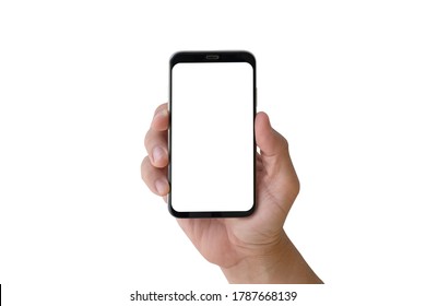 Side view of hand hold vertical smartphone with blank screen for advertising, information, grammar concept, information, gammar, technology concepts - Shutterstock ID 1787668139