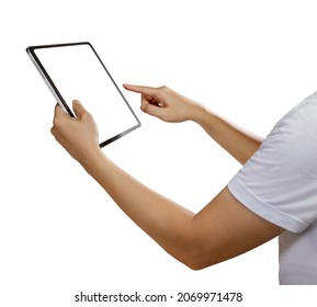 Side View Of Hand Holding A Mockup Tablet With Blank Screen Isolated On White