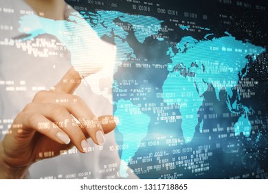 Side view of hand using abstract digital map with binary code on blurry background. Global business and communication concept. Double exposure 