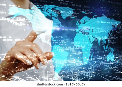Side view of hand using abstract digital map with binary code on blurry background. Global business and network concept. Double exposure 