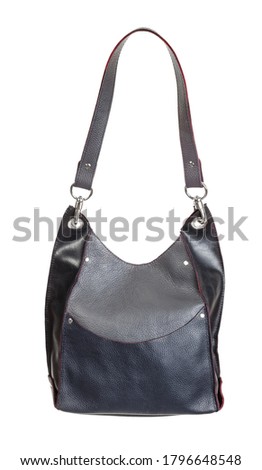 side view of handmade gray leather handbag with big pocket and red edges isolated on white background