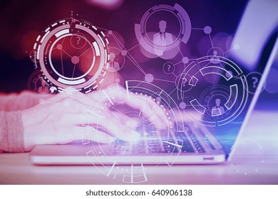 Side View Of Hands Typing On Laptop Keyboard With Abstract Digital Pattern. Technology Concept