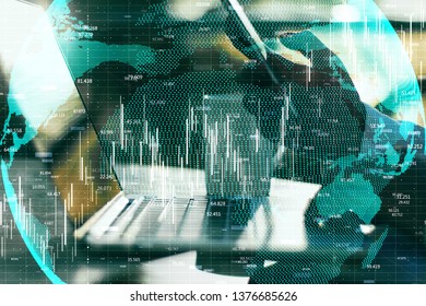 Side view of hands using laptop and smartphone with forex chart and globe. Global trade and report concept. Double exposure