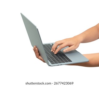 Side view of hands using modern laptop isolated on white background. Concept for technology, business, finance and advertising.