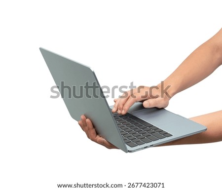 Side view of hands using modern laptop isolated on white background. Concept for technology, business, finance and advertising.