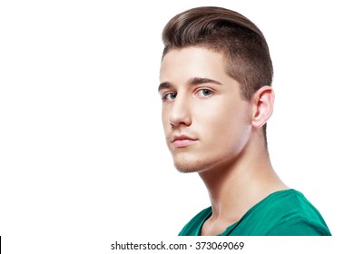 Side View Of A Handsome Young Man Facial Portrait Isolated On A White Background
