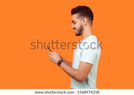 Similar – Image, Stock Photo side portrait of young beautiful brunette woman in front of forest