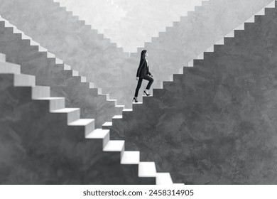 Side view happy young businesswoman walking on various concrete success stairs on light background. Career ladder and promotion concept - Powered by Shutterstock