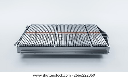 Side View of High Performance Battery Pack with Rectangular Modules for Electric Vehicle or Hybrid Car Isolated on Light Background. EV Battery for Automotive Industry. High Capacity Blade Battery.