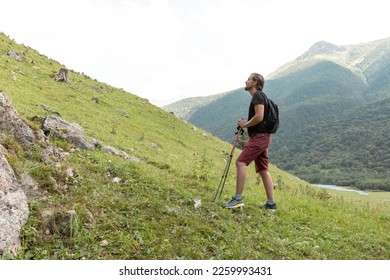 Side view of hiker male with backpack and trekking pole standing on green lawn on the backdrop of forest and watching far away. Sportsman going trek by outdoor spaces. Concept of travelling, hiking. - Powered by Shutterstock