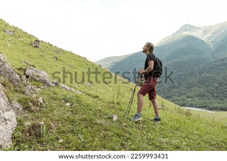 Side view of hiker male with backpack and trekking pole standing on green lawn on the backdrop of forest and watching far away. Sportsman going trek by outdoor spaces. Concept of travelling, hiking.