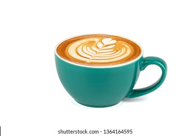 Side View Of Hot Latte Coffee With Latte Art In A Dark Green Cup Isolated On White Background With Clipping Path Inside.