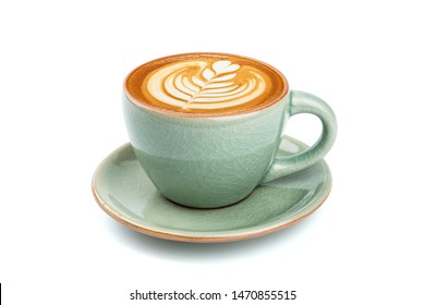 Side view of hot latte coffee with latte art in a ceramic green cup and saucer isolated on white background with clipping path inside. Image Stacking Techniques. - Shutterstock ID 1470855515