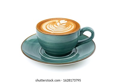 Side view of hot latte coffee with latte art in a vintage ceramic green cup and saucer isolated on white background with clipping path inside. Image stacking techniques. - Powered by Shutterstock