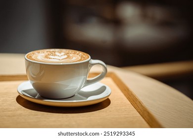 Side view of hot latte coffee with latte art in a white cup on wooden table - Powered by Shutterstock