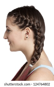 Side View Image Of Beautiful Teenage Girl With Braid Hair Against White Background