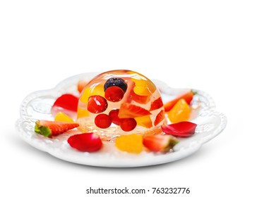 side view of jelly fresh orange strawberries blueberries peachs fruits dessert or Mochi  water cake japanese style on white dish - Powered by Shutterstock