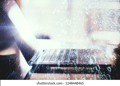 Side view of laptop with binary code on blurry background. Technology and communication concept. Double exposure  