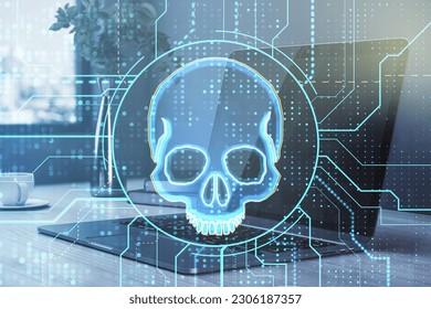 Side view of laptop computer with glowing digital circuit binary code skull on blurry workplace with objects background. Hacking, piracy, malware and data theft concept. Double exposure