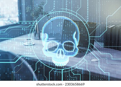 Side view of laptop with glowing digital circuit binary code skull on blurry workplace with objects background. Hacking, piracy, malware and data theft concept. Double exposure
