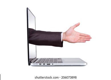 Side View Of Laptop And Hand Coming Out From Blank Screen For Hand Shake, Approve Or Celebrate, Isolated On White Background.