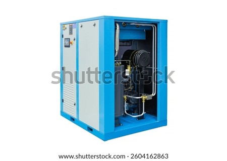 Side view of a large, blue and grey industrial air compressor with open panels, revealing its complex internal components