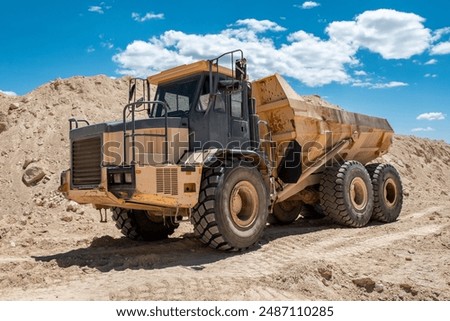 Side view of a large dump truck working in a quarry on shitting and transporting land