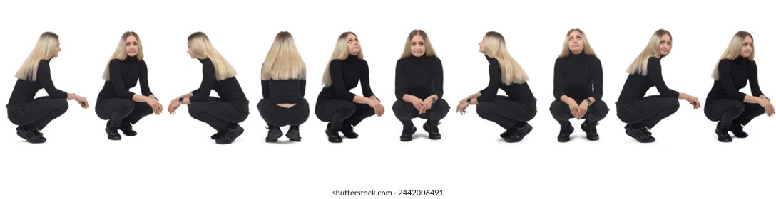side view of a large group of same woman squatting on white background