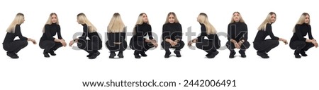 side view of a large group of same woman squatting on white background