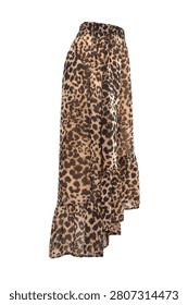 Side view of leopard print midi skirt isolated on white background. Fashion apparel product image ideal for online stores, clothing catalogs, retail advertising, e-commerce listings and brand marketing materials.