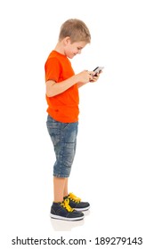 Side View Of Little Boy Using Tablet Pc Isolated On White