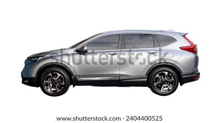 Side view of luxurious gray SUV car is isolated on white background with clipping path.