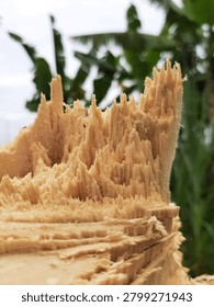 Side view macro texture of jagged broken wood splinters with fiber details and organic destruction pattern. Sharp wooden fibers with blurred nature background and copy space for design, banner, template. Destruction background.