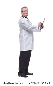 Side view of male doctor whit a clipboard isolated on white background