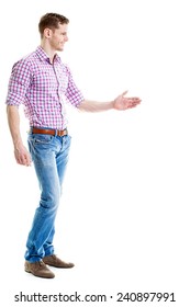 Side View Of Man Offering Hand For Hand Shake - Isolated On White