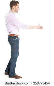 Side View Of Man Offering Hand For Hand Shake - Isolated On White