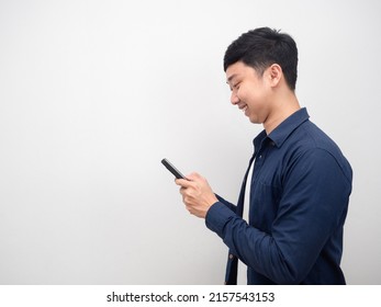 Side View Of Man Using Smart Phone Happy Emotion Copy Space