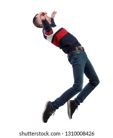Side view of man in zero gravity or a fall. guy is flying, falling or floating in the air. Side view people collection.   A man in a striped sweater is balancing on the tips of his toes, 