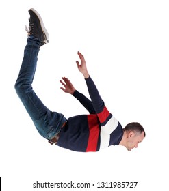 Side View Of Man In Zero Gravity Or A Fall. Guy Is Flying, Falling Or Floating In The Air. Side View People Collection.  Side View Of Person.  Isolated Over White Background.