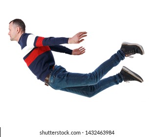 Side view of man in zero gravity or a fall. guy is flying, falling or floating in the air. Side view people collection. side view of person. Isolated over white background. 